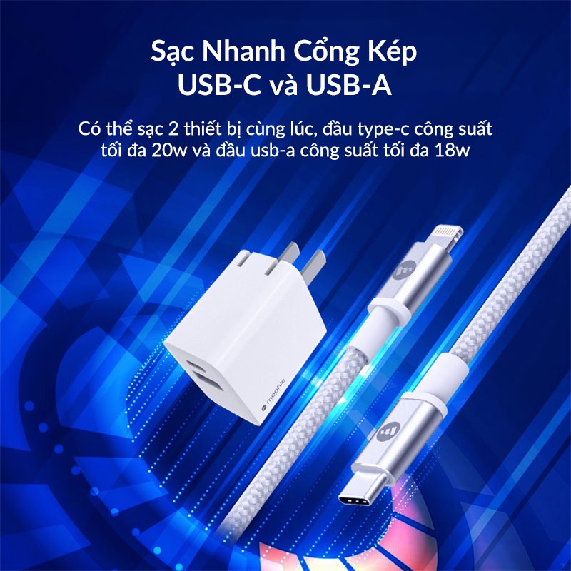 Củ Sạc Nhanh 2 Cổng Mophie Mini Type C + Usb Hỗ Trợ Pd 20w Qc 3.0 Dành Cho Ip 13 12 11 Samsung Xiaomi Oppo Sony