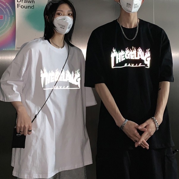 Áo thun tay ngắn in hình ngọn lửa phản quang thời trang cho nam