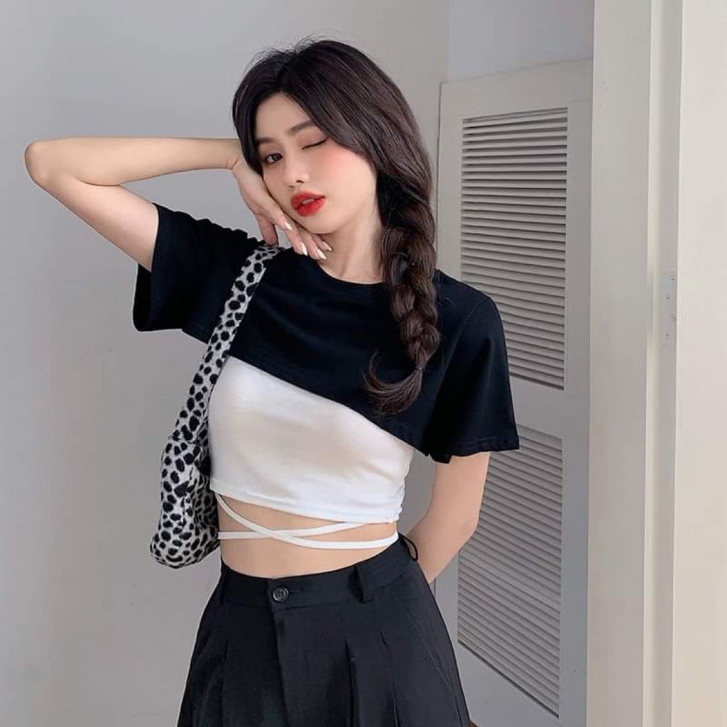 Áo croptop dây eo, set áo thun croptop 2 món chất thun mát - VIETSTAR