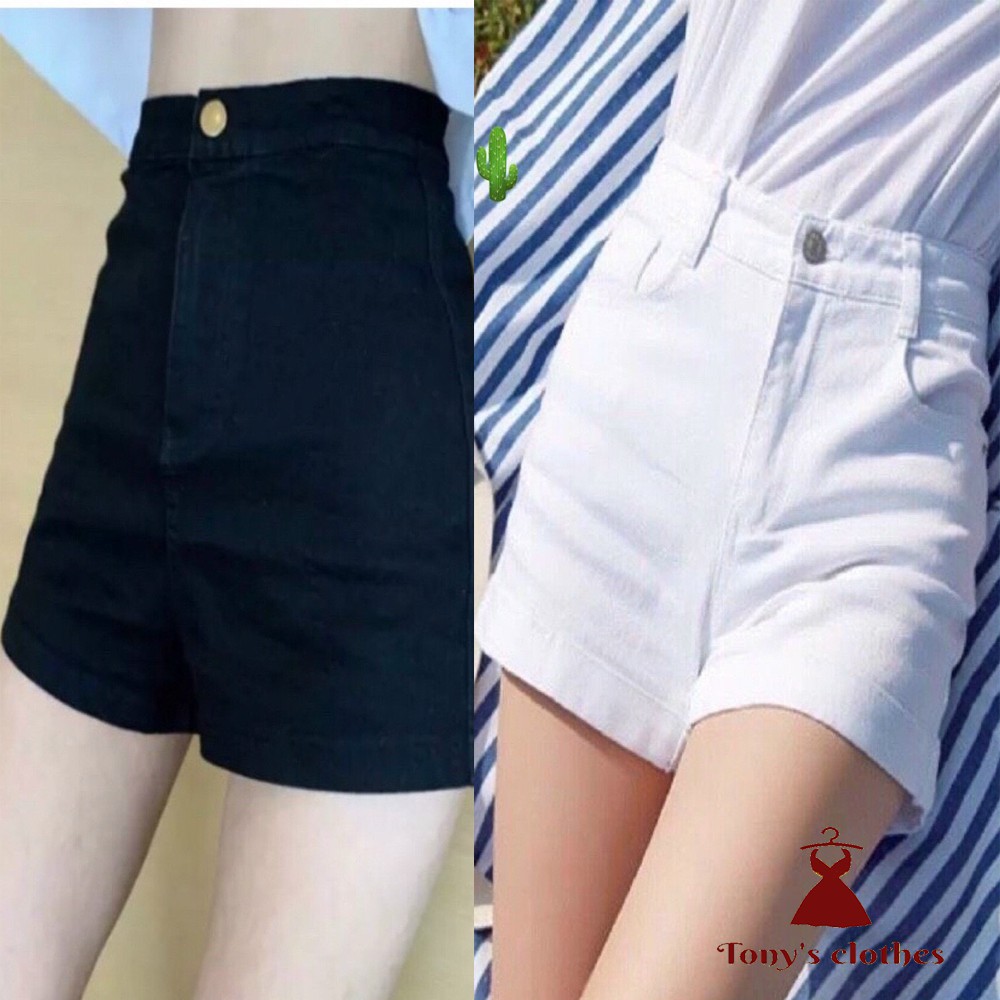 Quần short trắng đen nữ vải kaki jean co giãn lưng cao hàn quốc lật gấu cạp cao | BigBuy360 - bigbuy360.vn