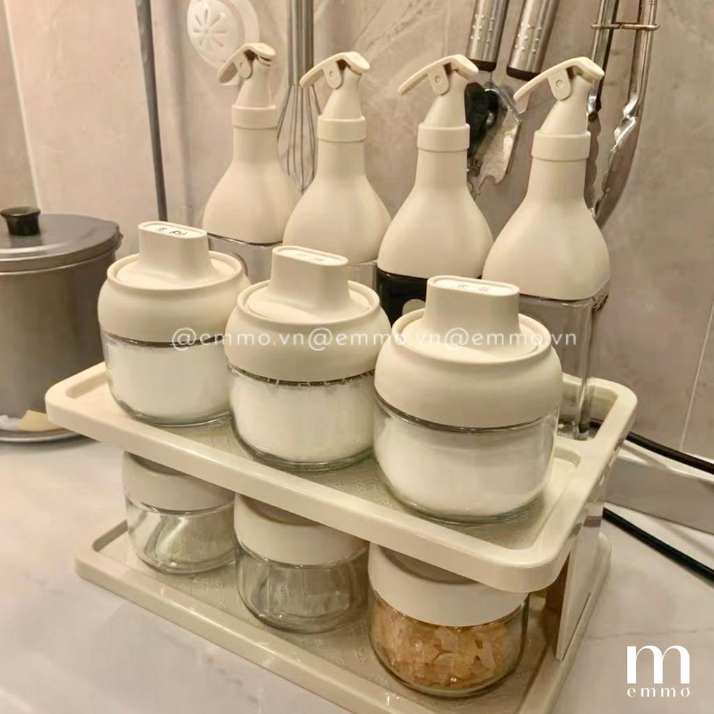 BỘ HỦ ĐỰNG GIA VỊ, CHAI ĐỰNG GIA VỊ KÈM KỆ THỦY TINH CAO CẤP EMMO BLISSFUL