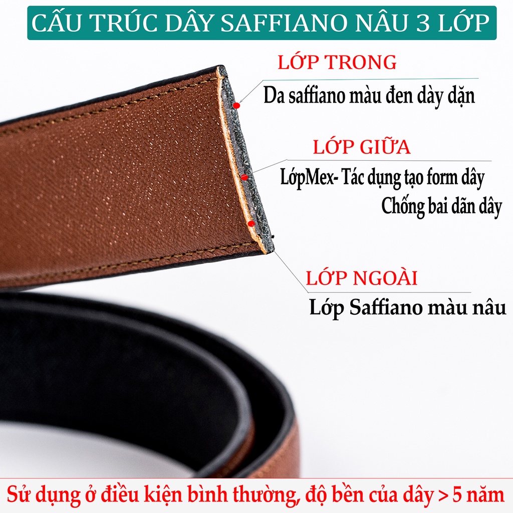 Thắt lưng nam da saffiano cao cấp Bụi leather - L107, 3 lớp màu nâu, mặt khóa tăng tự động thép không gỉ, BH 12 tháng