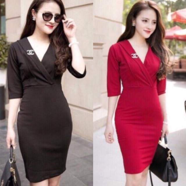 Đầm body cổ vest tay lửng - còn đỏ
