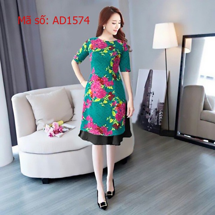 ⚡️ có big size 3XL ⚡️ AD1574 Set áo dài cách tân gấm thun họa tiết hoa nền xanh kèm váy