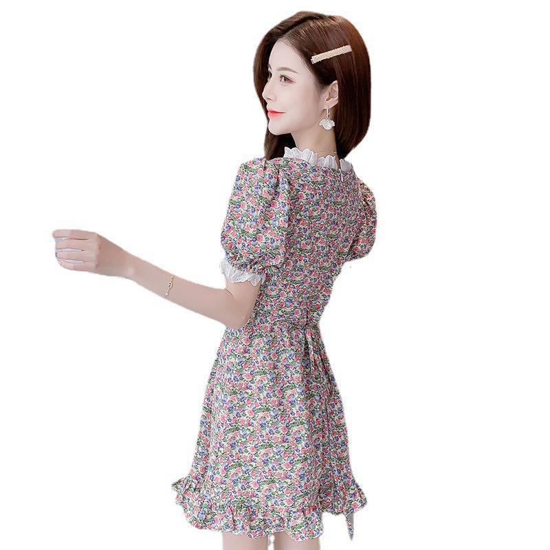 【TK】Floral dress with short sleeves, high waist dress, retro V-neck bubble sleeves, floral medium and long dress, summer new French waist slimming Platycodon skirt girls skirt