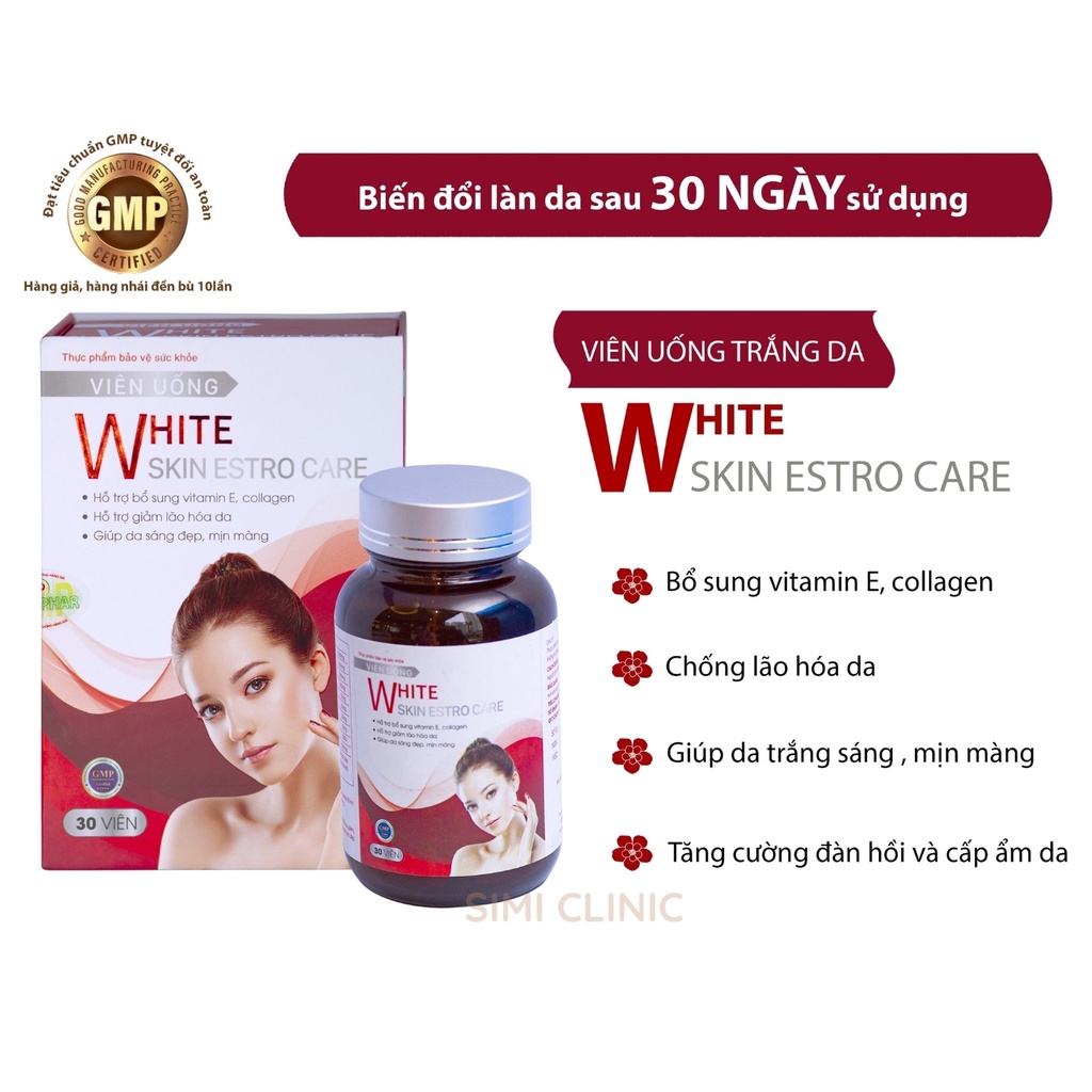 Viên uống trắng da VAK White Skin Estro Care sáng hồng tự nhiên chống lão hóa nội tiết tố nữ cấp collagen vitamin E