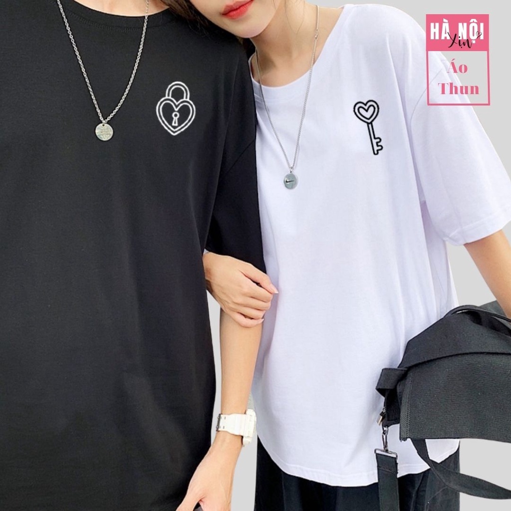 Áo thun đôi nam nữ vải cotton, Áo phông đôi nam nữ vải cotton in họa tiết chìa khóa-ổ khóa phong cách Unisex