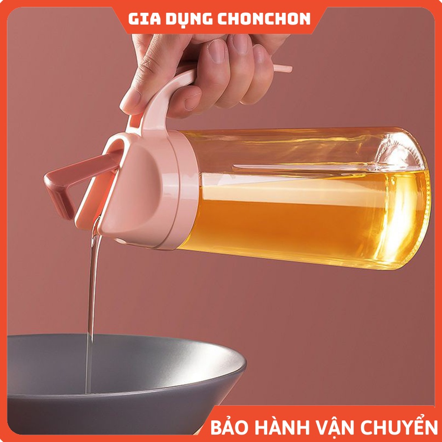 Chai lọ đựng dầu thủy tinh 630ml tự động mở nắp khi rot màu Hồng