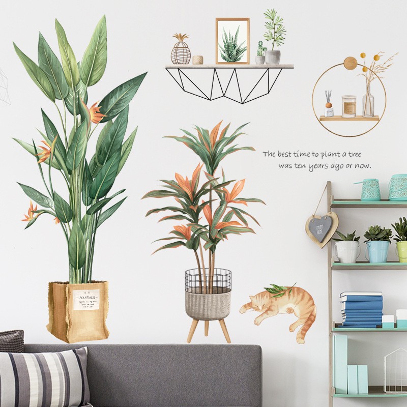 Decal (giấy) dán tường trang trí in họa tiết bụi chuối mỏ két, kệ gỗ, những chậu hoa (mẫu 14: 90x92cm) - windy decor