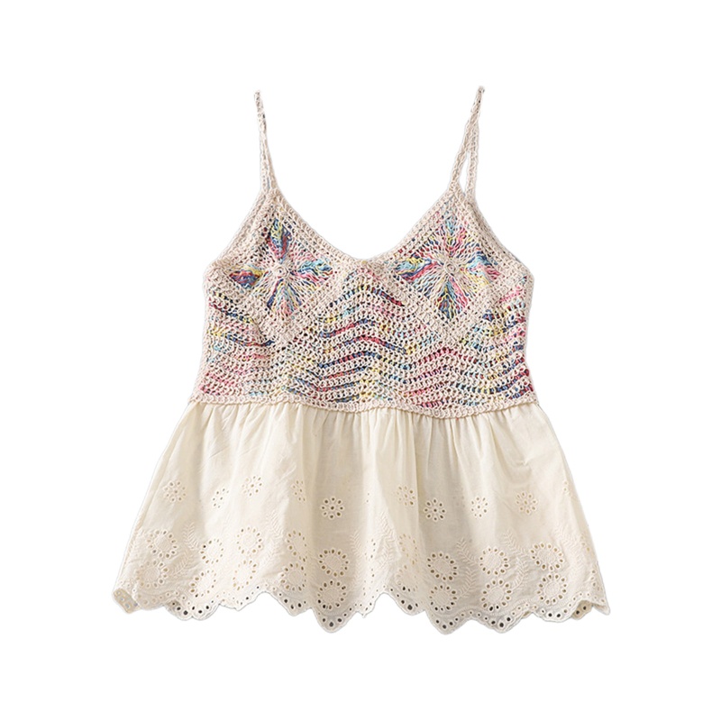 Áo Croptop Dệt Kim Sát Nách Cổ Tròn Phối Ren Rỗng Thời Trang Cho Nữ