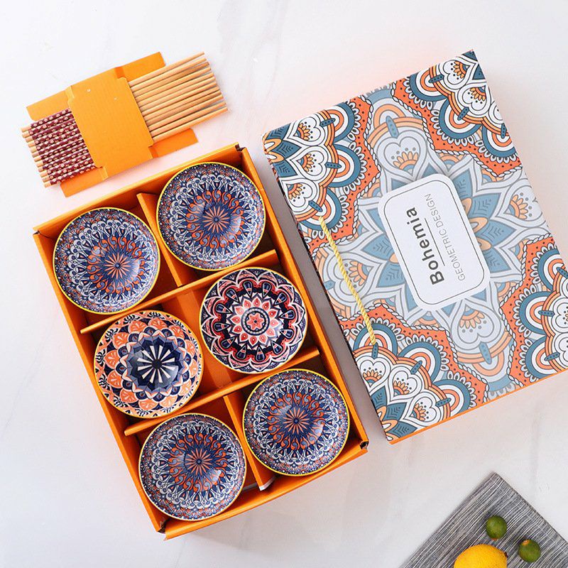 Bộ 6 chén/bát sứ và 6 đôi đũa ăn cơm cao cấp, họa tiết thổ cẩm độc đáo