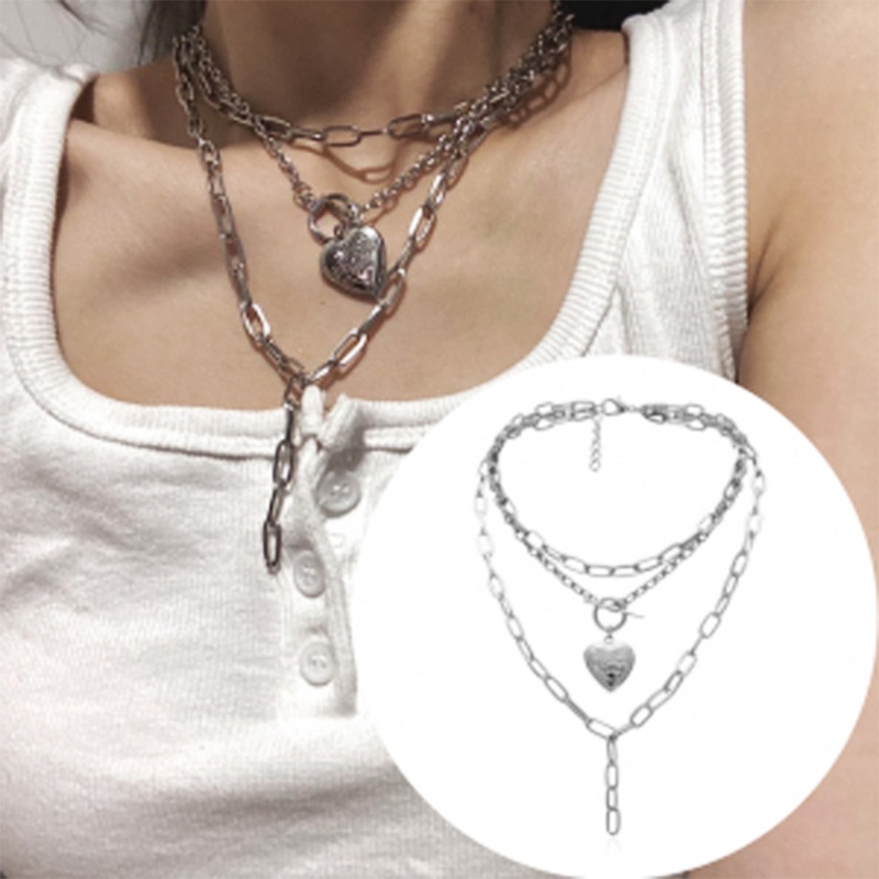 Vòng cổ choker nhiều lớp bằng kim loại mặt hình trái tim phong cách punk gothic dành cho nữ