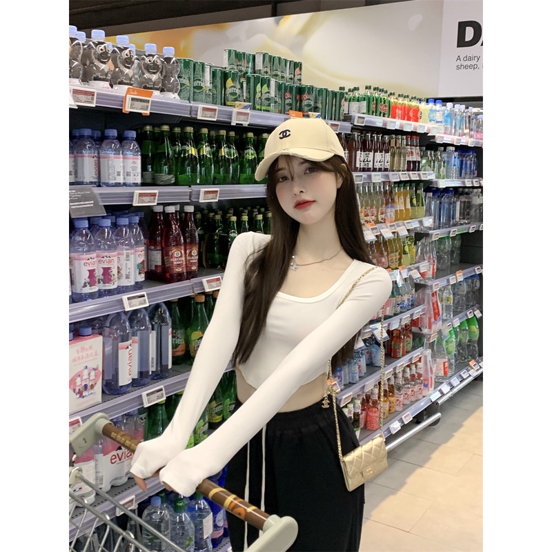 Cocory vn Áo croptop tay dài màu trơn dáng ôm thời trang quyến rũ thích hợp cho nữ