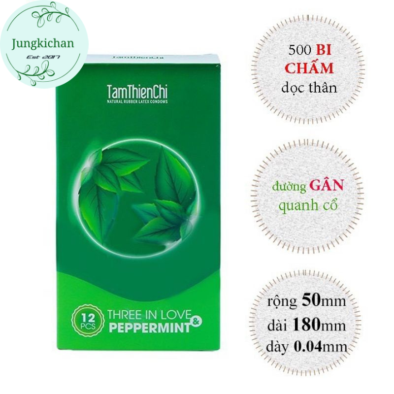 Bao cao su Tâm Thiện Chí Three In Love Peppermint 12 chiếc