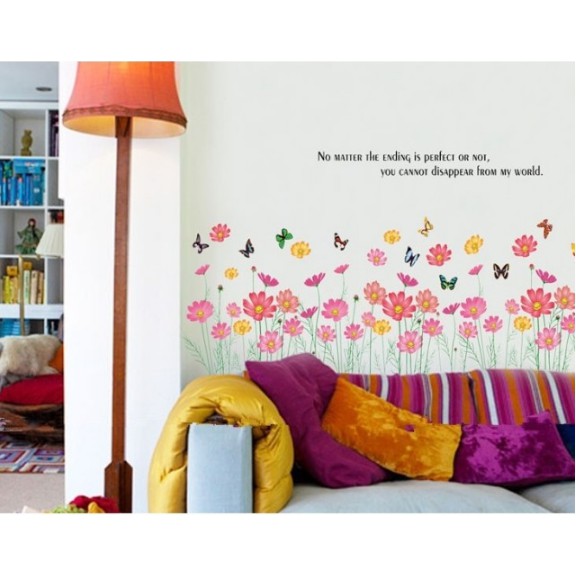 Decal trang trí chân tường Hoa Dại nhiều màu cùng bướm