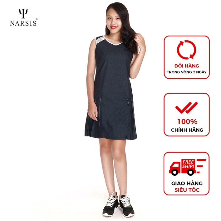 Váy bò nữ B7007 thương hiệu NARSIS màu xanh đen phối ren