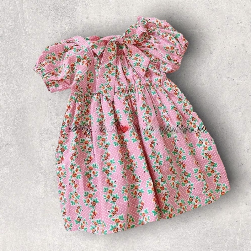 [Ảnh thật] Váy Thô Hoa Cổ Vuông Phối Nơ Lưng Tiểu Thơ Xinh Đẹp Chubby Beans
