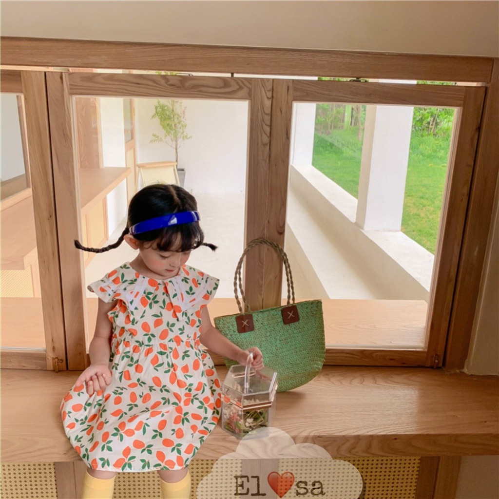 Váy bé gái - Váy họa tiết cam chanh cổ vạt siêu xinh cho bé 1-5 Tuổi