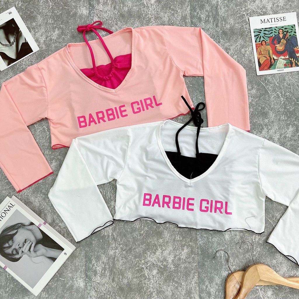 Set Áo Crt Nữ Dài Tay Kèm Áo Trong In Chữ Barbie Girl 2 Màu 🦋 - AO0157