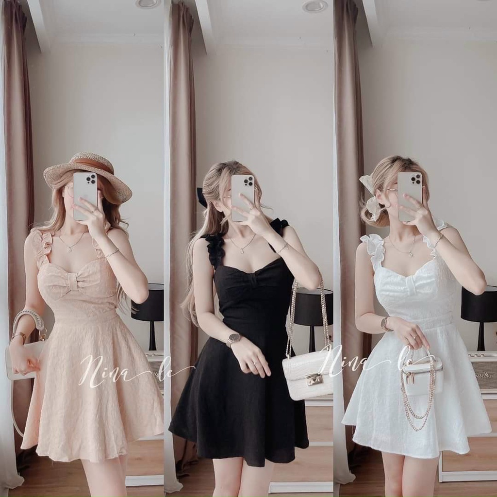 Váy đầm nữ dáng xòe 2 dây vai bèo ( có mút ) xinh xắn dài trên gối chất liệu xốp nhật thời trang Bella Luu Shop