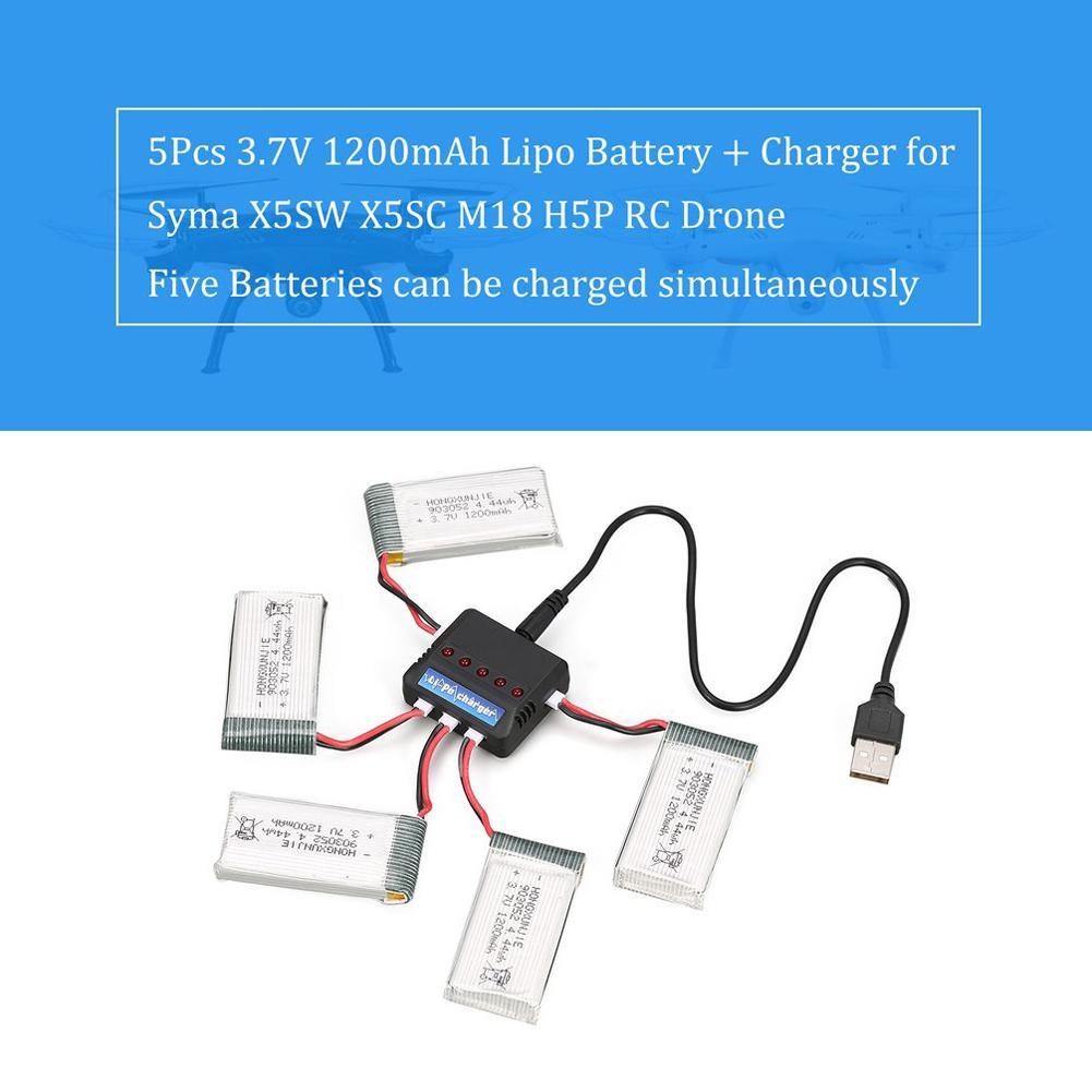 3.7V 1200mAh 5 Battery 5 In 1 USB Charger For Syma X5C X5C X5SC X5SW Drone