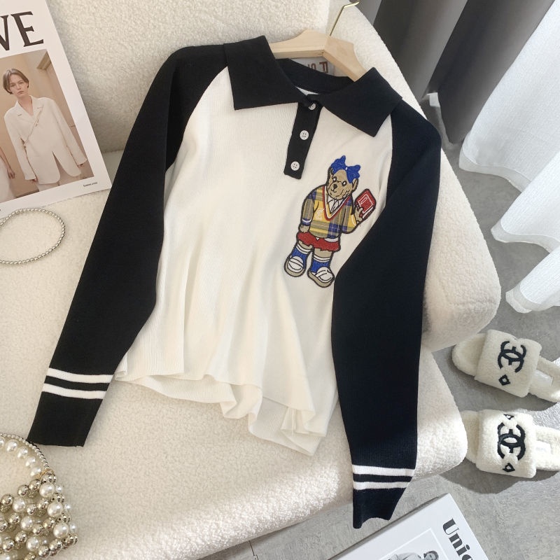 Áo sweater Cổ polo Thêu Hình Gấu Mới Phong Cách Mùa Thu Cho Nữ