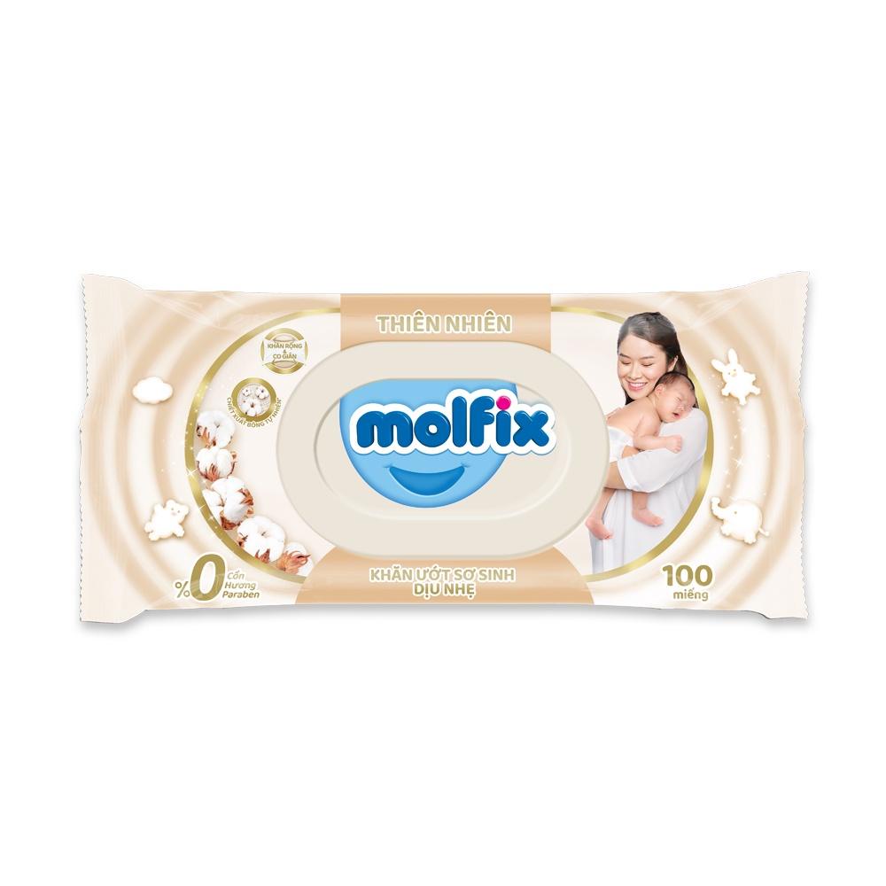 Gói 100 tờ Khăn giấy ướt Molfix bông Organic tự nhiên, không mùi, không cồn