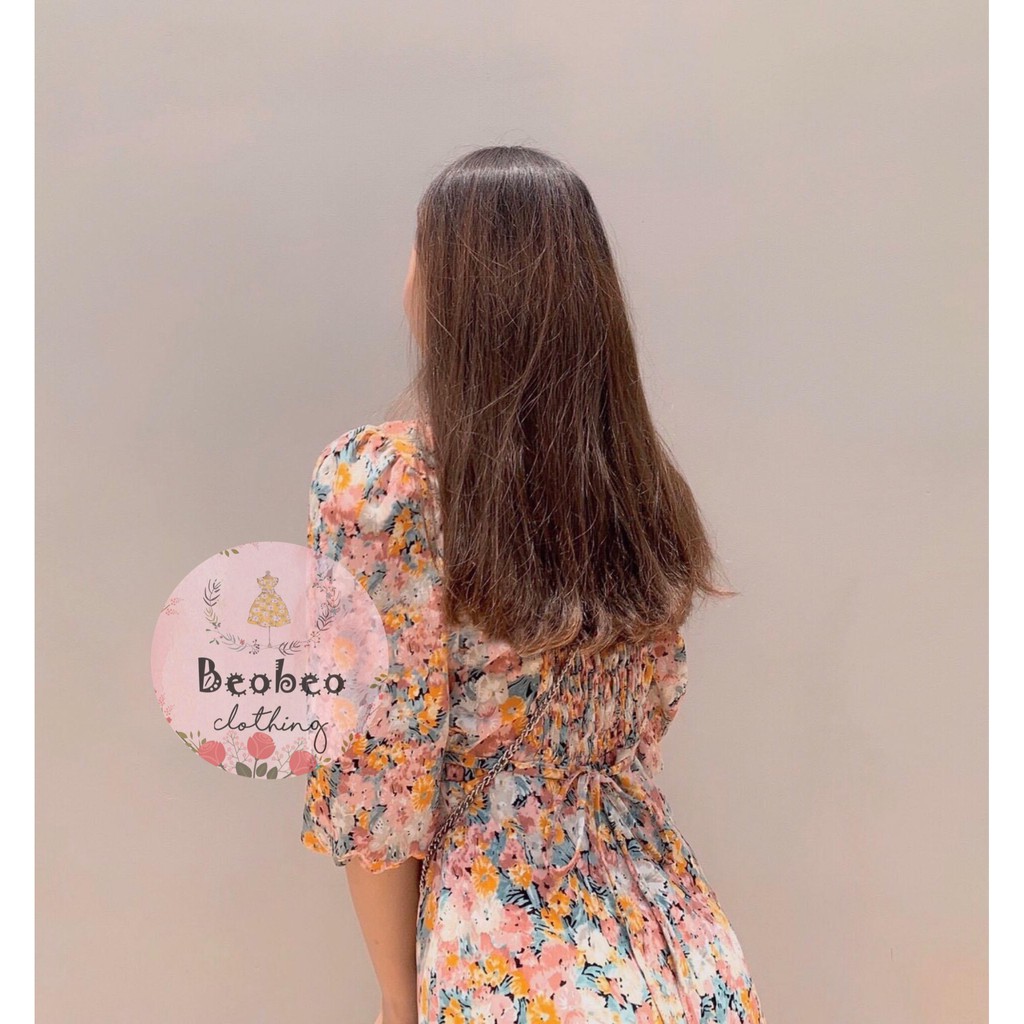Đầm voan hoa chân bèo tay bo phồng thắt nơ vintage