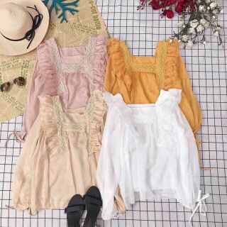 Áo babydoll cổ vuông phối bèo tiểu thư hàng qc loại 1