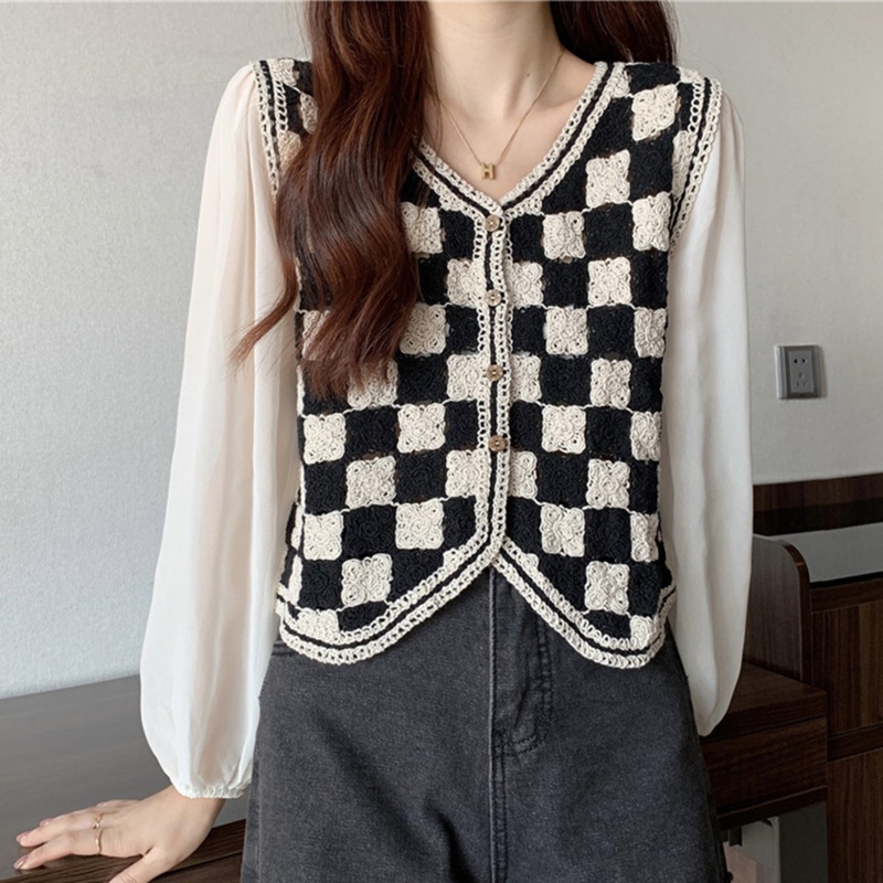 Áo Thun Nữ Dài Tay Cổ Tròn Ca Rô Trắng Đen Thời Trang