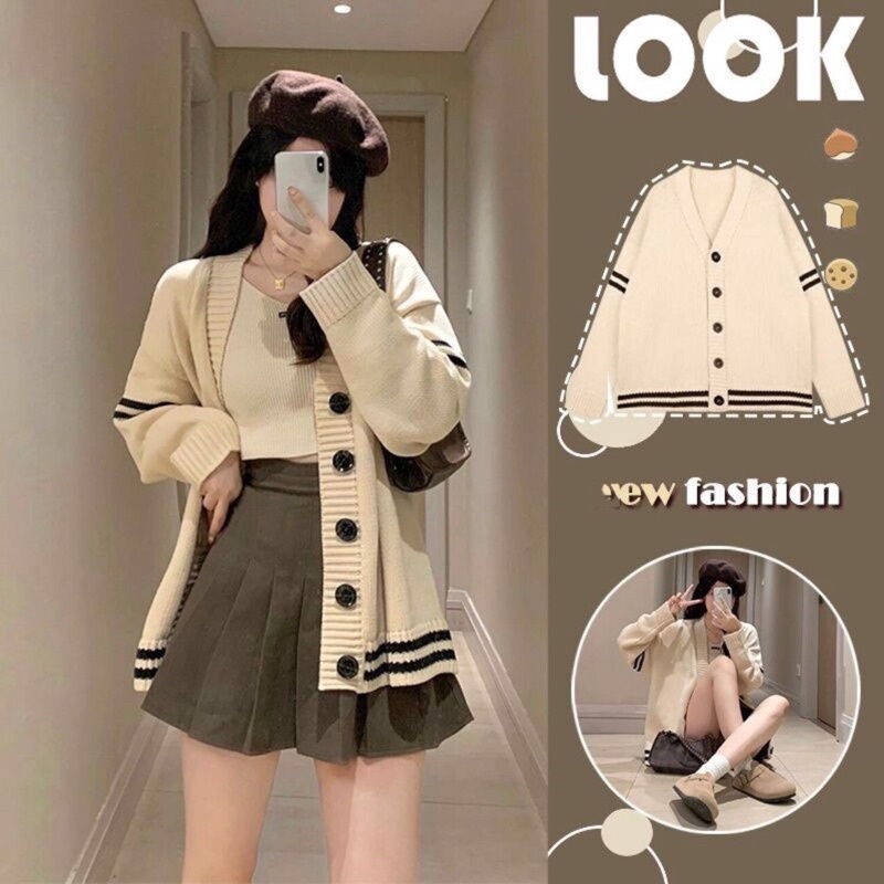 Áo Khoác Cardigan Len Sọc Tay Nữ - Halinh Shop - Cardigan Len Khuy To Hàn Quốc Mặc Thu Đông Size M L