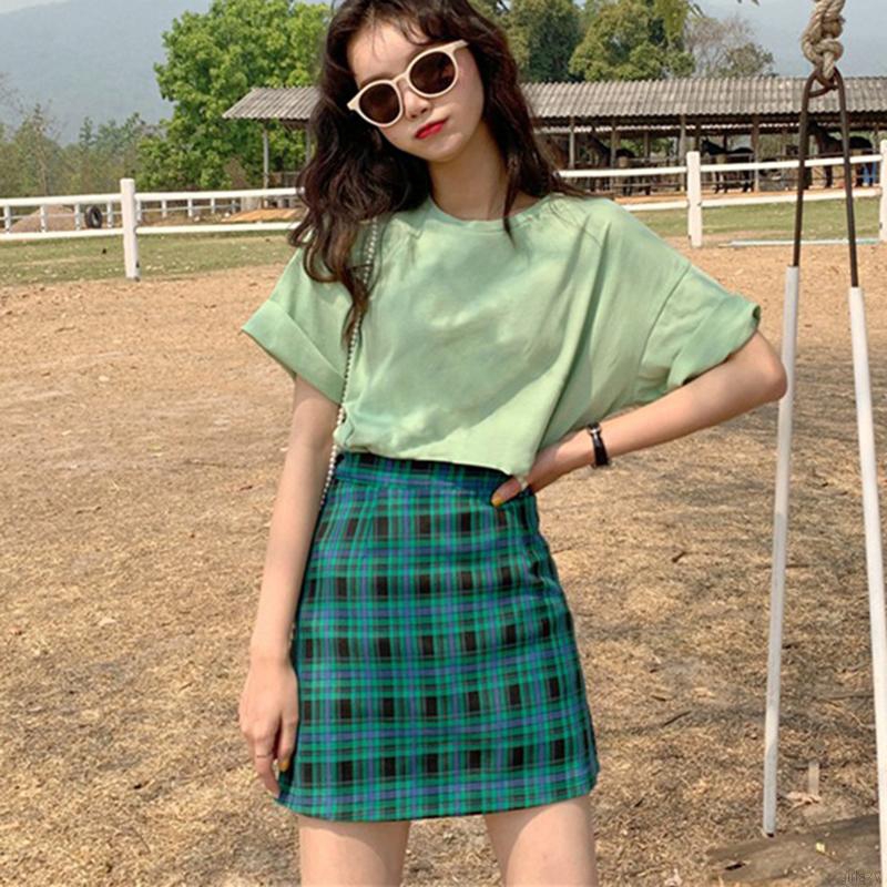 Chân Váy Chữ A Lưng Cao Họa Tiết Caro Phong Cách Hàn Quốc