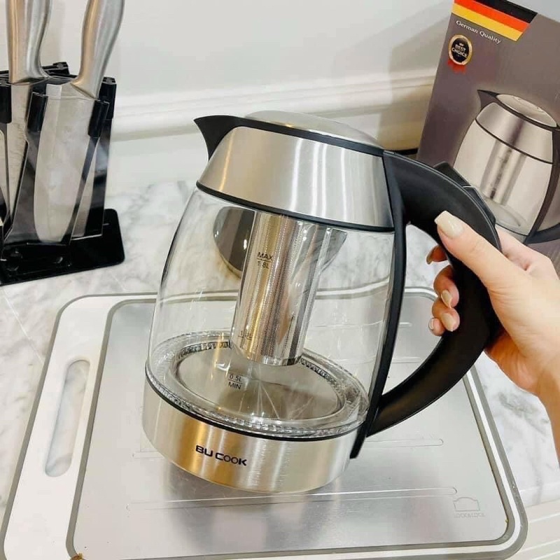 Ấm Siêu Tốc Thuỷ Tinh Bucook 1L8 Công Nghệ Đức Bình Siêu Tốc Có Ấm Lọc Trà Có Đèn Xung Quanh