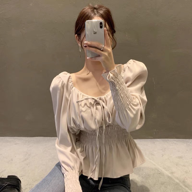 Áo sơ mi nữ kiểu Hàn Quốc form rộng đẹp công sở tay dài bigsize đi học trắng xanh tay phồng dễ thương DK3T502