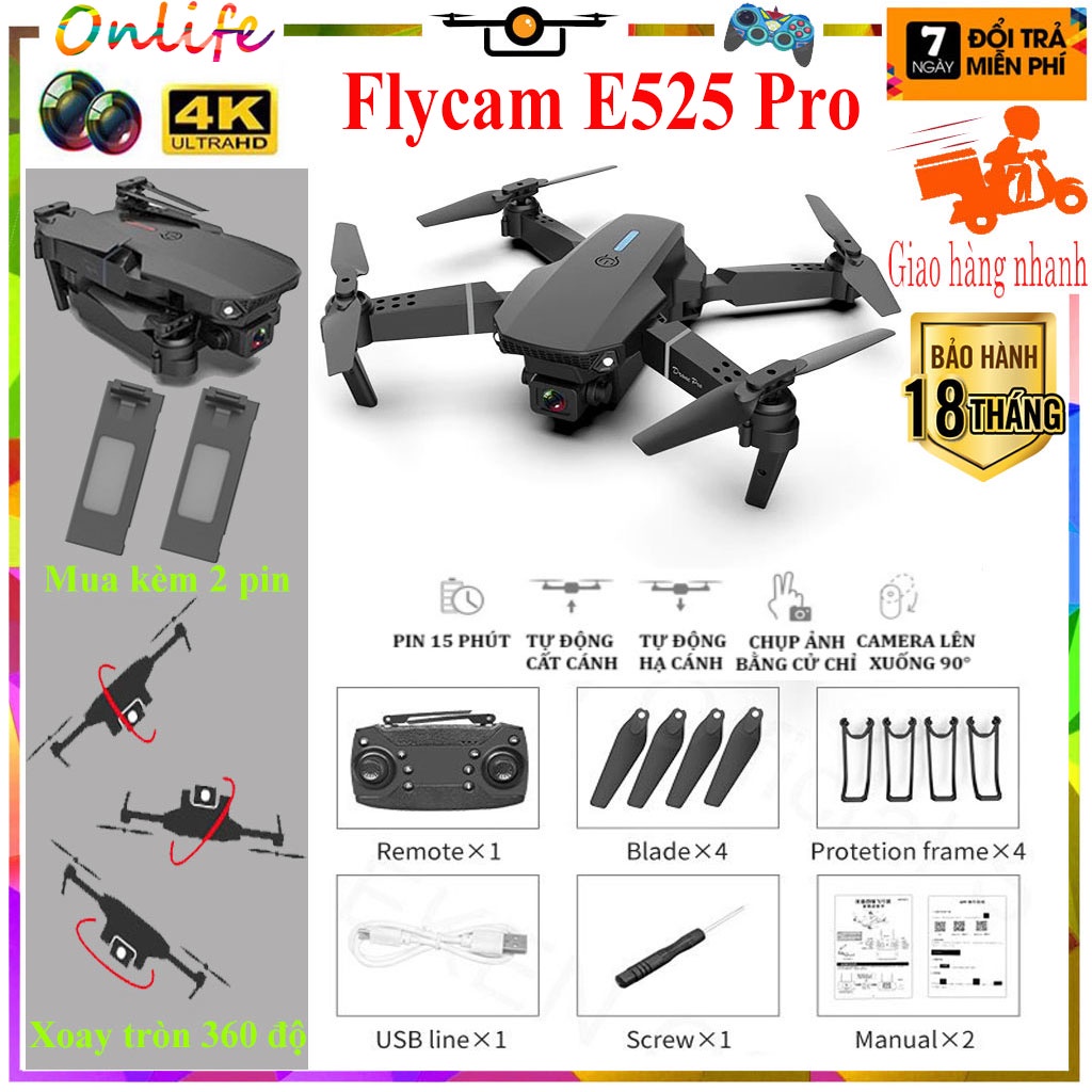 Tặng Cánh Dự Phòng Flycam mini, flycam giá rẻ E525 - Flycam P5-Pro quay phim chụp ảnh HD - kết nối wifi điện thoại