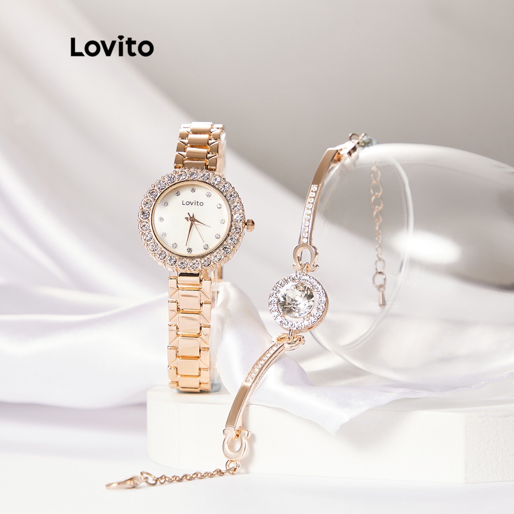Set đồng hồ Lovito mặt tròn màu trơn trang trí kim cương nhân tạo phong cách thanh lịch LSP01006 (màu vàng hồng)