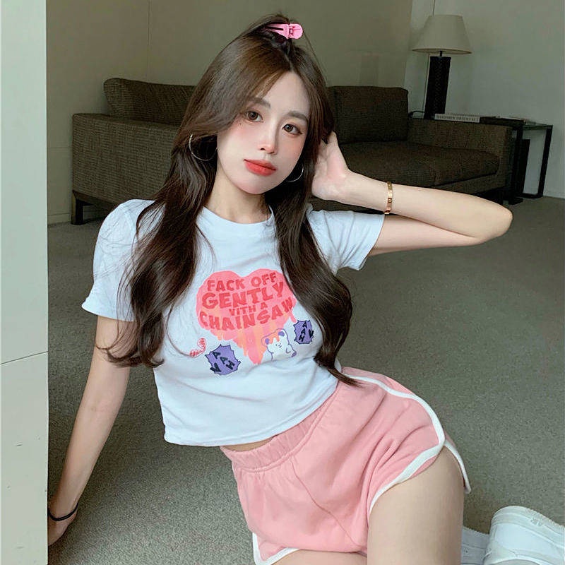 Cotton New Summer T-shirt Love Bear Short Bare Midriff Slim Fit Women's Short Sleeve Slim Fit All-Match Women's Shirt Ins Fashion JRUI