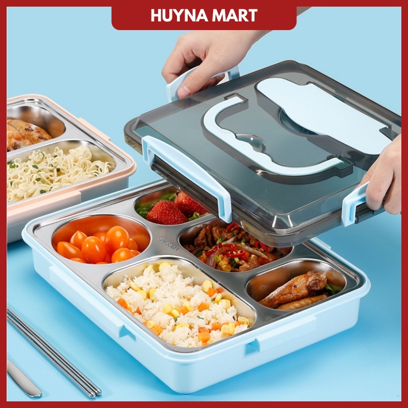 Khay Cơm Inox 5 Ngăn Có Nắp, Hộp Cơm Chia Ngăn SUS 304 Giữ Nhiệt Cao Cấp Huyna Mart NB44