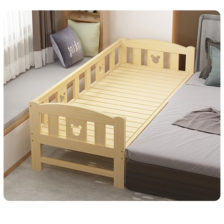 Giường em bé gỗ thông tự nhiên quây 3 mặt size 200cm có cầu thang | BigBuy360 - bigbuy360.vn