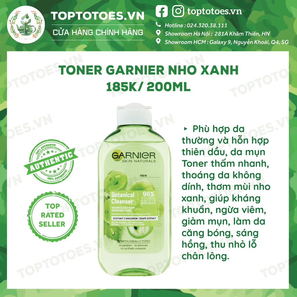 Toner Garnier Nho xanh cấp nước, dưỡng da sáng hồng, ngừa viêm 200ml