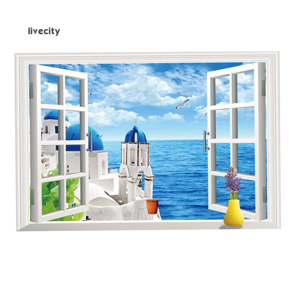 Giấy dán tường 3D 60cm x 90cm hình cửa sổ cảnh biển độc đáo