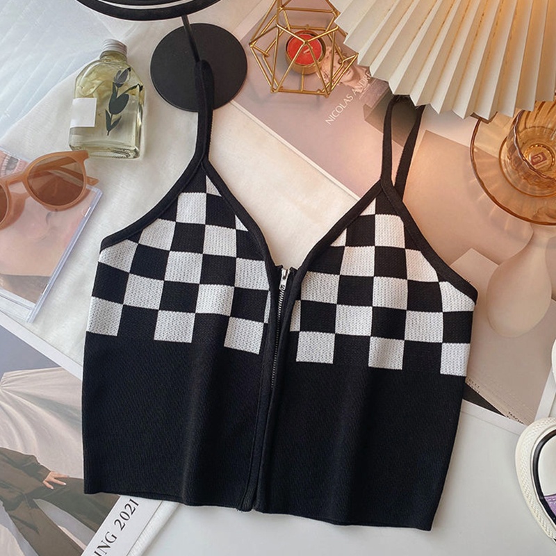 Áo Croptop Dệt Kim Hai Dây Cổ Chữ V Dáng Ôm Kẻ Sọc Caro Phối Khóa Kéo Thời Trang Mùa Hè Cho Nữ