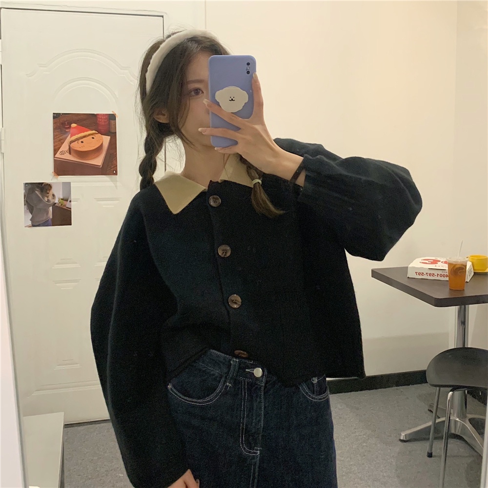 Áo khoác Cardigan dệt kim tay dài 173759Áo Sweater cổ POLO dáng rộng phối nút màu sắc trẻ trung xinh xắn | BigBuy360 - bigbuy360.vn