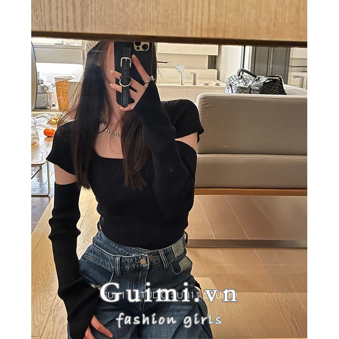 Áo Croptop Dệt Kim Tay Dài Màu Đen Thời Trang Mùa Thu Hàn Quốc 2023 Cho Nữ