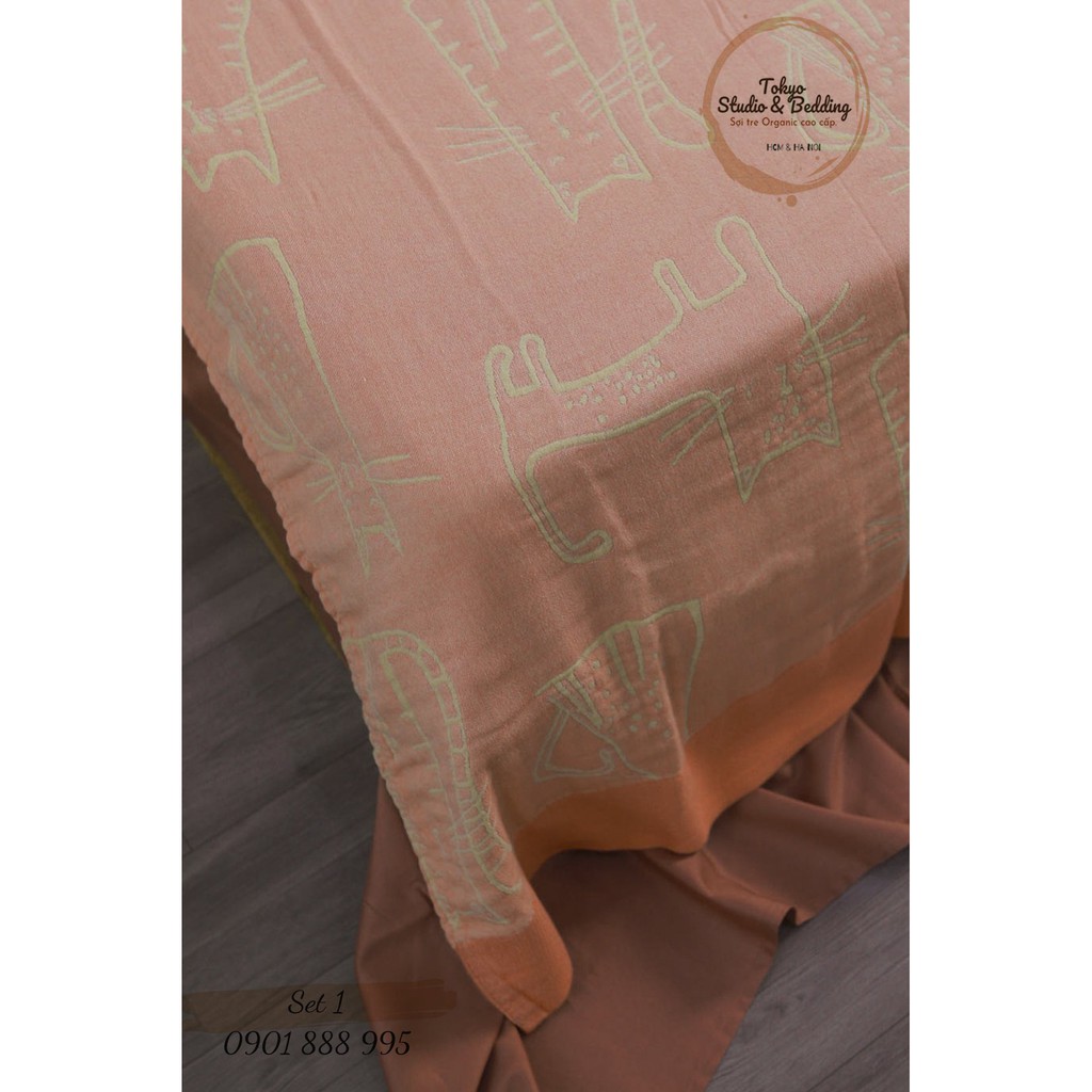 Set 01_ Chăn Xô Cotton Sợi tre Organic dòng Basic &amp; Ga gối Lụa