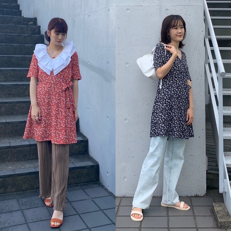 Đầm cotton hoa nhí cổ tim thắt eo xinh xắn, dễ thương Vintage của GU - Nhật Bản
