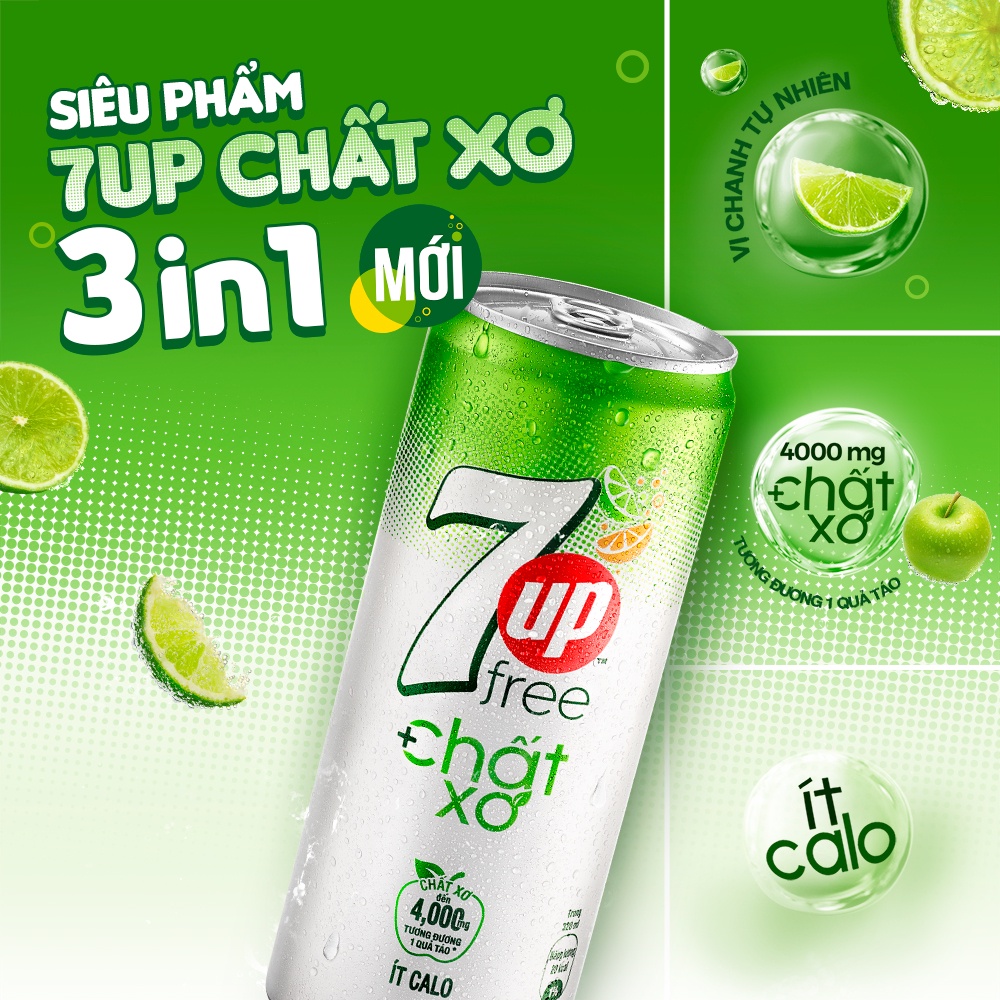 Thùng 24 Lon Nước Uống Có Gaz 7UP Ít Calo Bổ Sung Chất Xơ (320ml/lon)