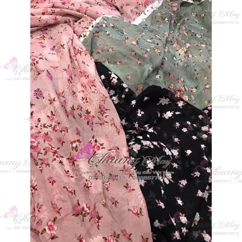 Áo dài hoa nhí 4 tà Chaang may sẵn truyền thống cổ vuông Lụa tơ hồng dự tiệc lễ tết đẹp ADHN20