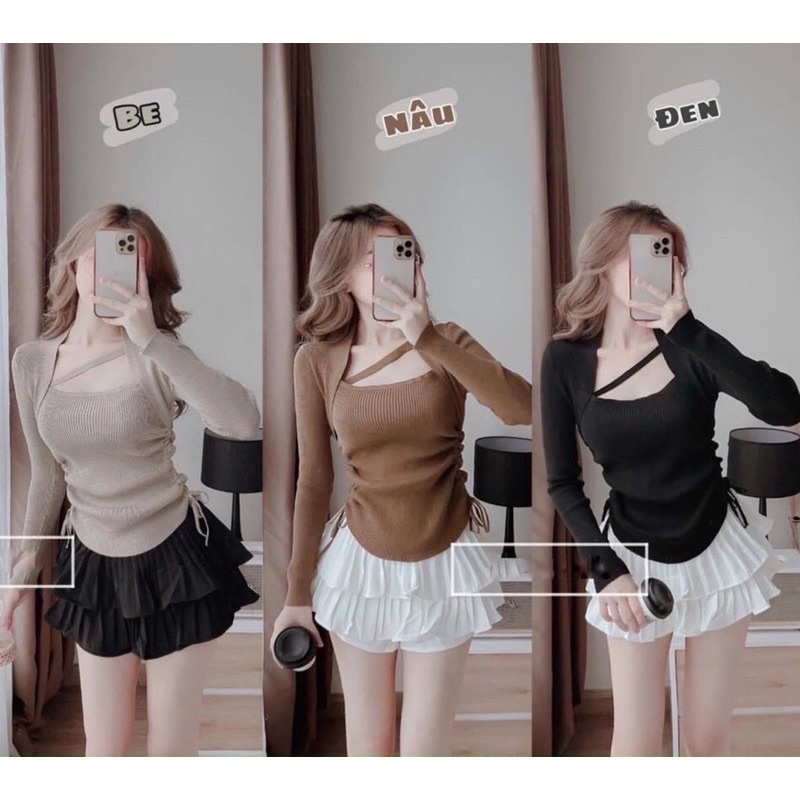 Áo len nữ cổ vuông rút dây dây chéo rút eo hàng Quảng Châu l1 cho nữ