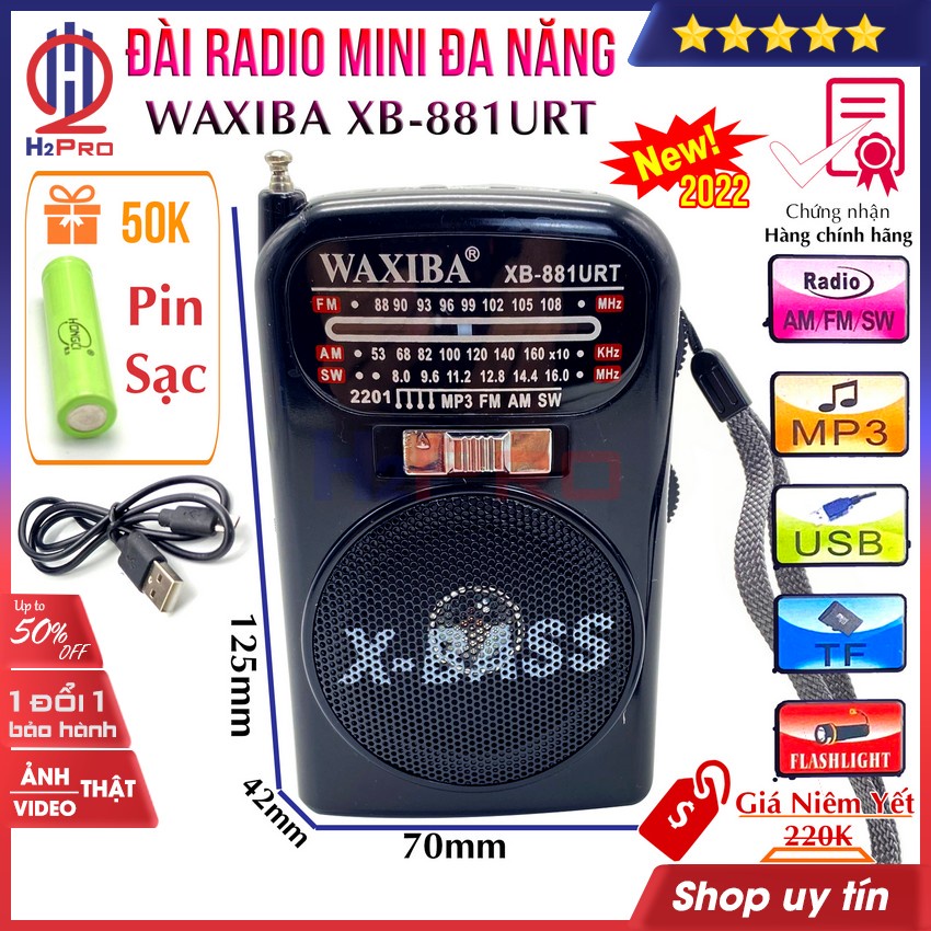 Đài radio FM-AM-SW WAXIBA XB-881URT H2Pro đa năng-Nhạc Mp3 USB/Thẻ nhớ-Đèn pin-Pin sạc (Quà 50k-pin sạc 18650)